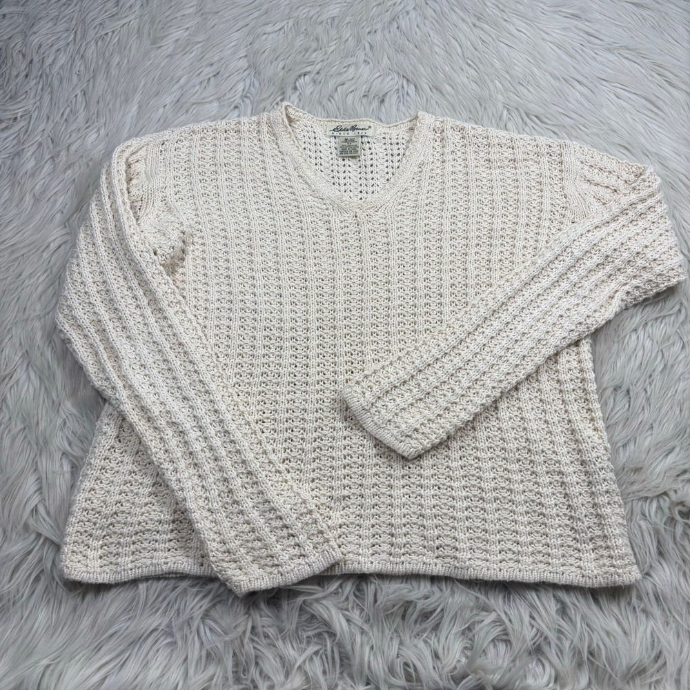 Eddie Bauer Women's S Cream Open Knit Sweater High V-Neck Coastal Linen Cotton